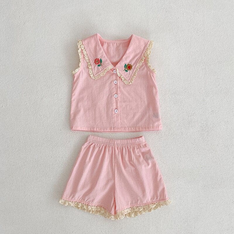 ノースリーブセットアップ Pink / 9M/73cm ベビー キッズ セットアップ フラワー 刺繍 レース ノースリーブ ブラウス ショートパンツ ピンク ブルー パープル ガールズ【mh0002001】