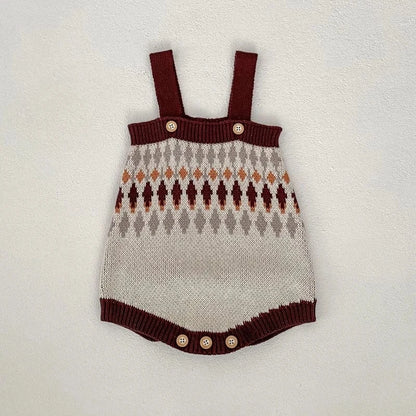 ロンパースセットアップ romper / 3-6M 66cm ベビーカーディガン/ロンパース レトロ幾何学ニットジャケット/サスペンダーニットボディスーツ【mh0006984】