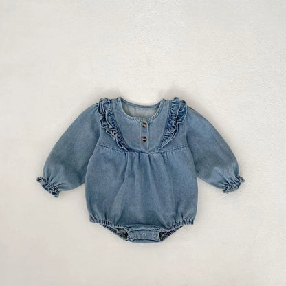 長袖ワンピース romper / 66cm 0-6m ベビーロンパース/キッズワンピース フリルデニム長袖ボディスーツ/長袖ワンピース リンクコーデ 姉妹 お揃いコーデ【mh0007104】