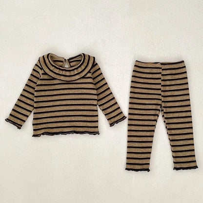 長袖セットアップ Stripe / 6-9M 73cm ベビーセットアップ 2点セット レトロボーダーフリルサークル襟長袖Tシャツ+ロングパンツ【mh0006983】