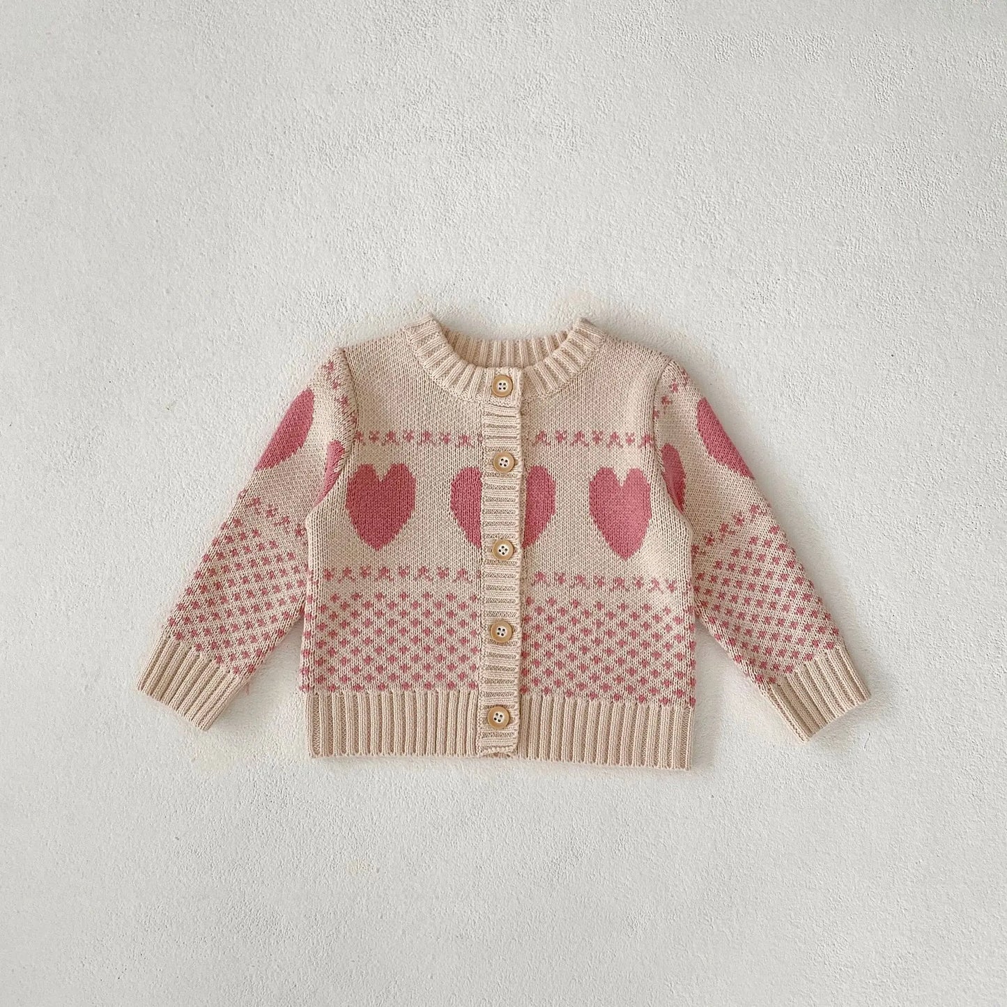 ロンパースセットアップ sweater / 3-6M 66cm ベビーカーディガン/ロンパース ハート柄ニットカーディガン/サスペンダーロンパース【mh0007345】
