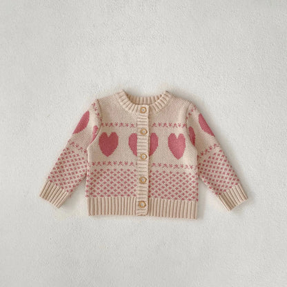 ロンパースセットアップ sweater / 3-6M 66cm ベビーカーディガン/ロンパース ハート柄ニットカーディガン/サスペンダーロンパース【mh0007345】