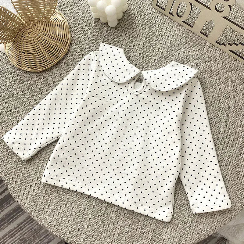 長袖シャツ・ブラウス ベビートップス 長袖丸襟ブラウス Tシャツ 水玉ドットプリント ホワイト【mh0006492】