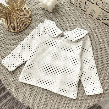長袖シャツ・ブラウス ベビートップス 長袖丸襟ブラウス Tシャツ 水玉ドットプリント ホワイト【mh0006492】