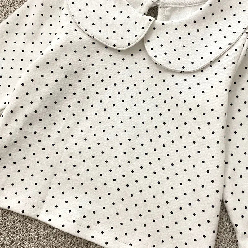 長袖シャツ・ブラウス ベビートップス 長袖丸襟ブラウス Tシャツ 水玉ドットプリント ホワイト【mh0006492】