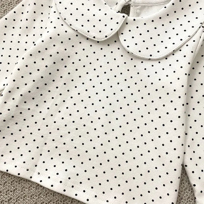 長袖シャツ・ブラウス ベビートップス 長袖丸襟ブラウス Tシャツ 水玉ドットプリント ホワイト【mh0006492】