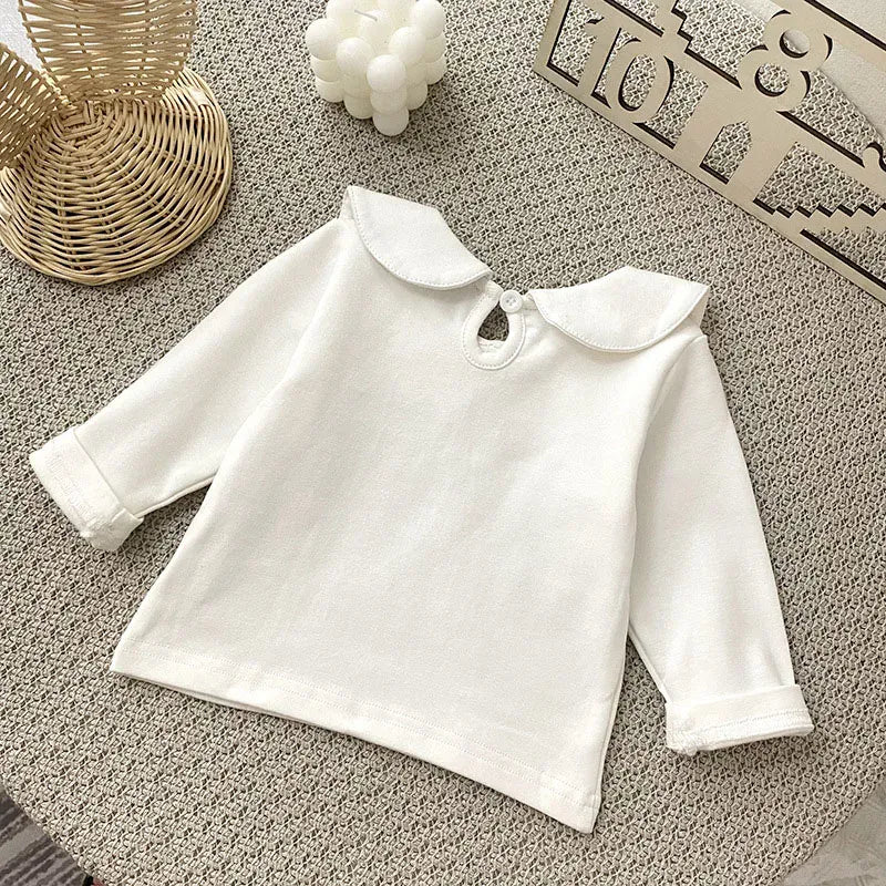 長袖シャツ・ブラウス ベビートップス 長袖丸襟ブラウス Tシャツ 水玉ドットプリント ホワイト【mh0006492】