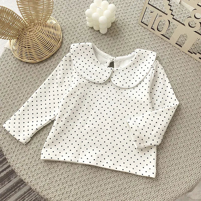 長袖シャツ・ブラウス ベビートップス 長袖丸襟ブラウス Tシャツ 水玉ドットプリント ホワイト【mh0006492】