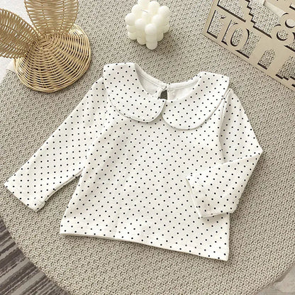 長袖シャツ・ブラウス ベビートップス 長袖丸襟ブラウス Tシャツ 水玉ドットプリント ホワイト【mh0006492】