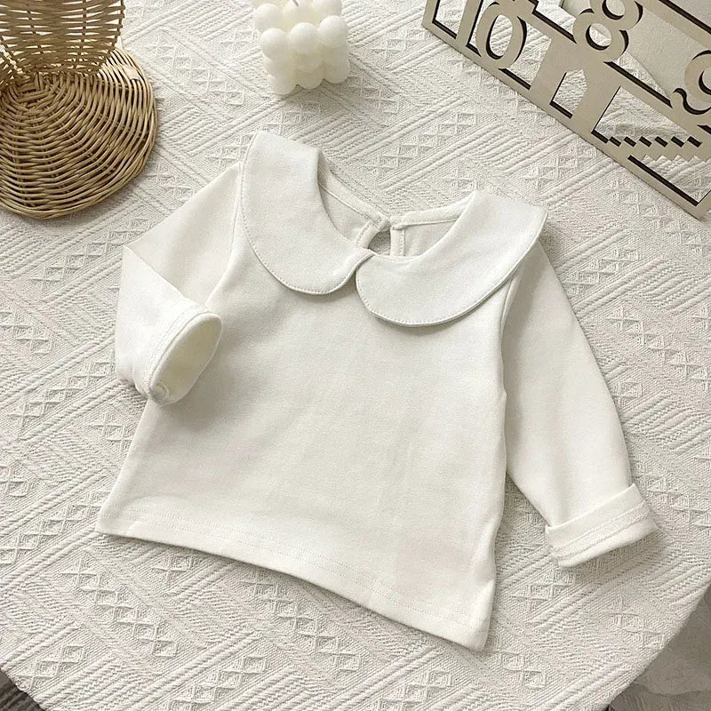 長袖シャツ・ブラウス ベビートップス 長袖丸襟ブラウス Tシャツ 水玉ドットプリント ホワイト【mh0006492】