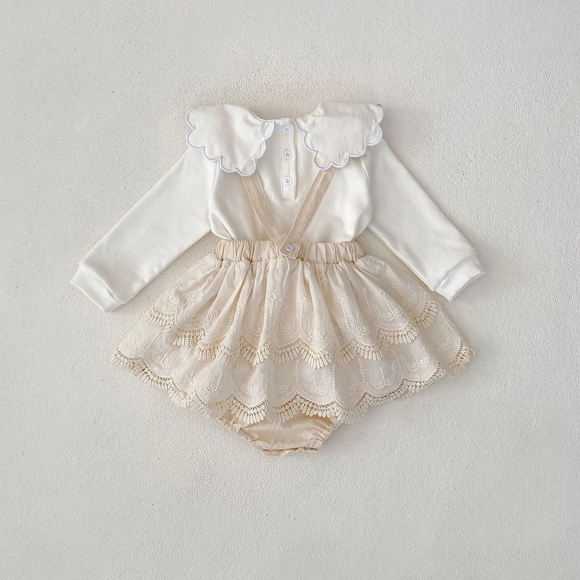 長袖セットアップ ベビートップス/パンツ 水玉ドット/無地スクエア襟長袖Tシャツ/サスペンダーレーススカートブルマパンツ【mh0007334】