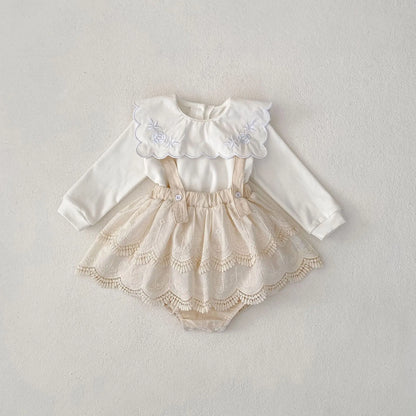 長袖セットアップ ベビートップス/パンツ 水玉ドット/無地スクエア襟長袖Tシャツ/サスペンダーレーススカートブルマパンツ【mh0007334】