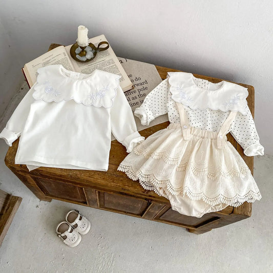 長袖セットアップ ベビートップス/パンツ 水玉ドット/無地スクエア襟長袖Tシャツ/サスペンダーレーススカートブルマパンツ【mh0007334】