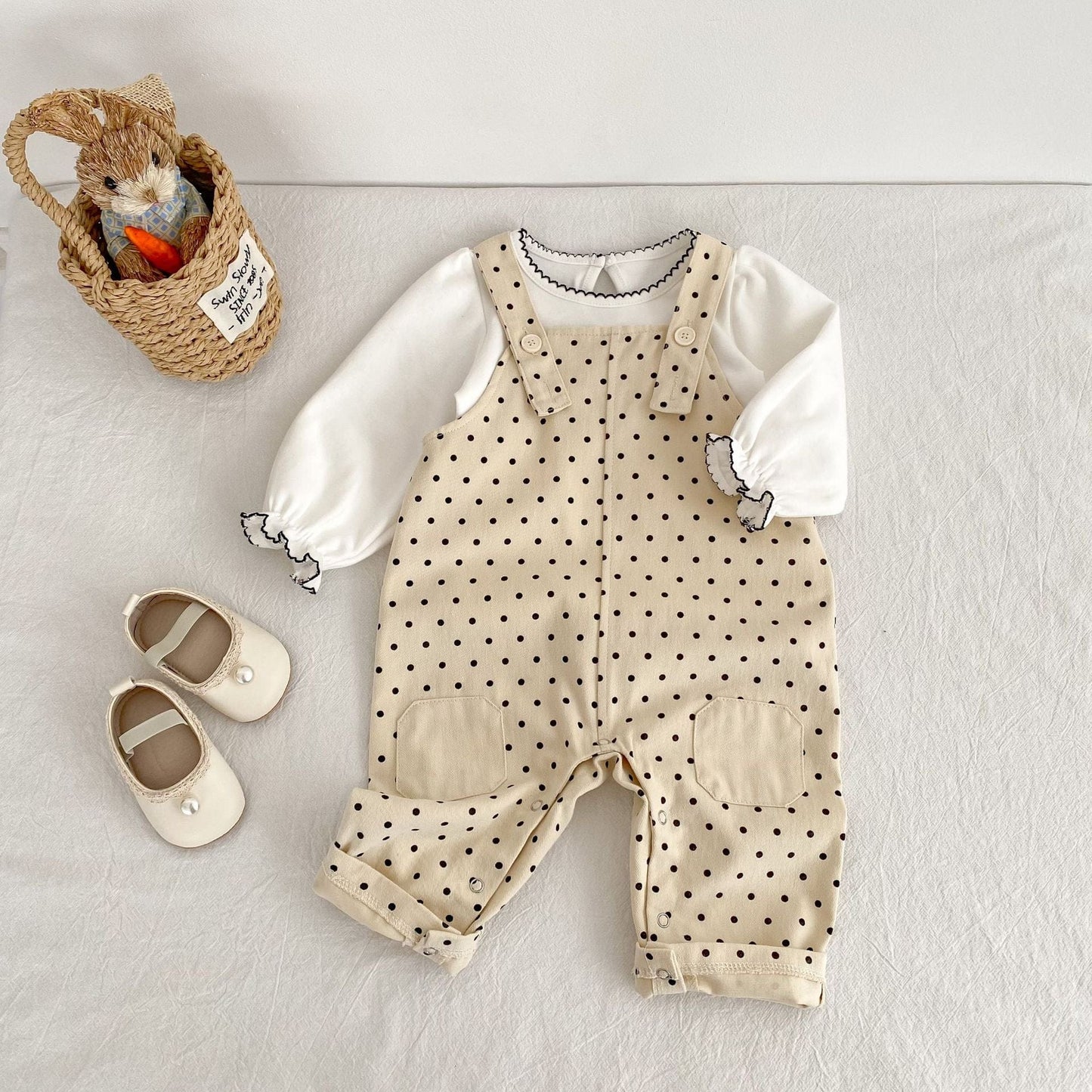 長袖セットアップ 水玉ドットプリントオーバーオール/長袖Tシャツ【mh0010520】