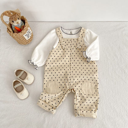 長袖セットアップ 水玉ドットプリントオーバーオール/長袖Tシャツ【mh0010520】