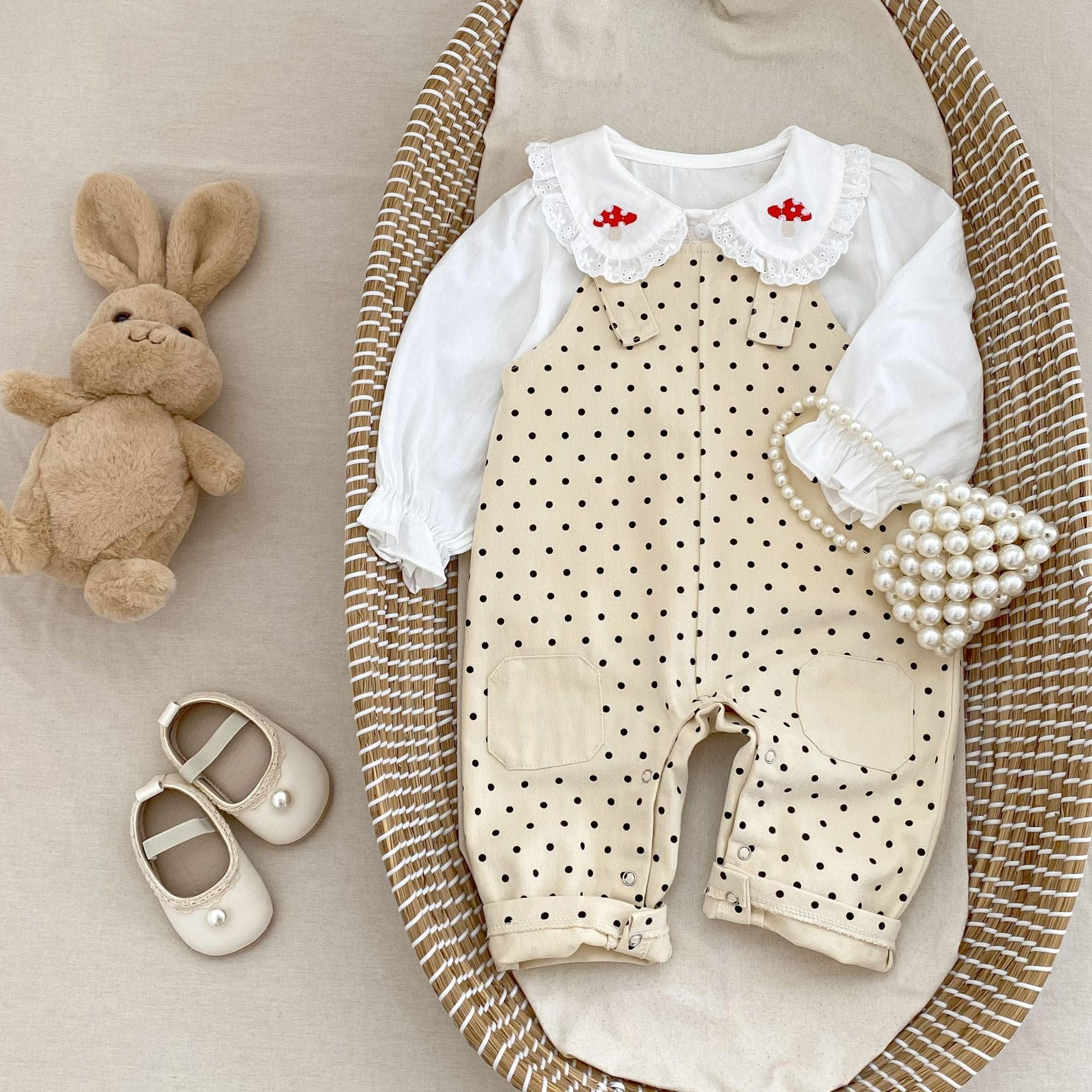 長袖セットアップ 水玉ドットプリントオーバーオール/長袖Tシャツ【mh0010520】