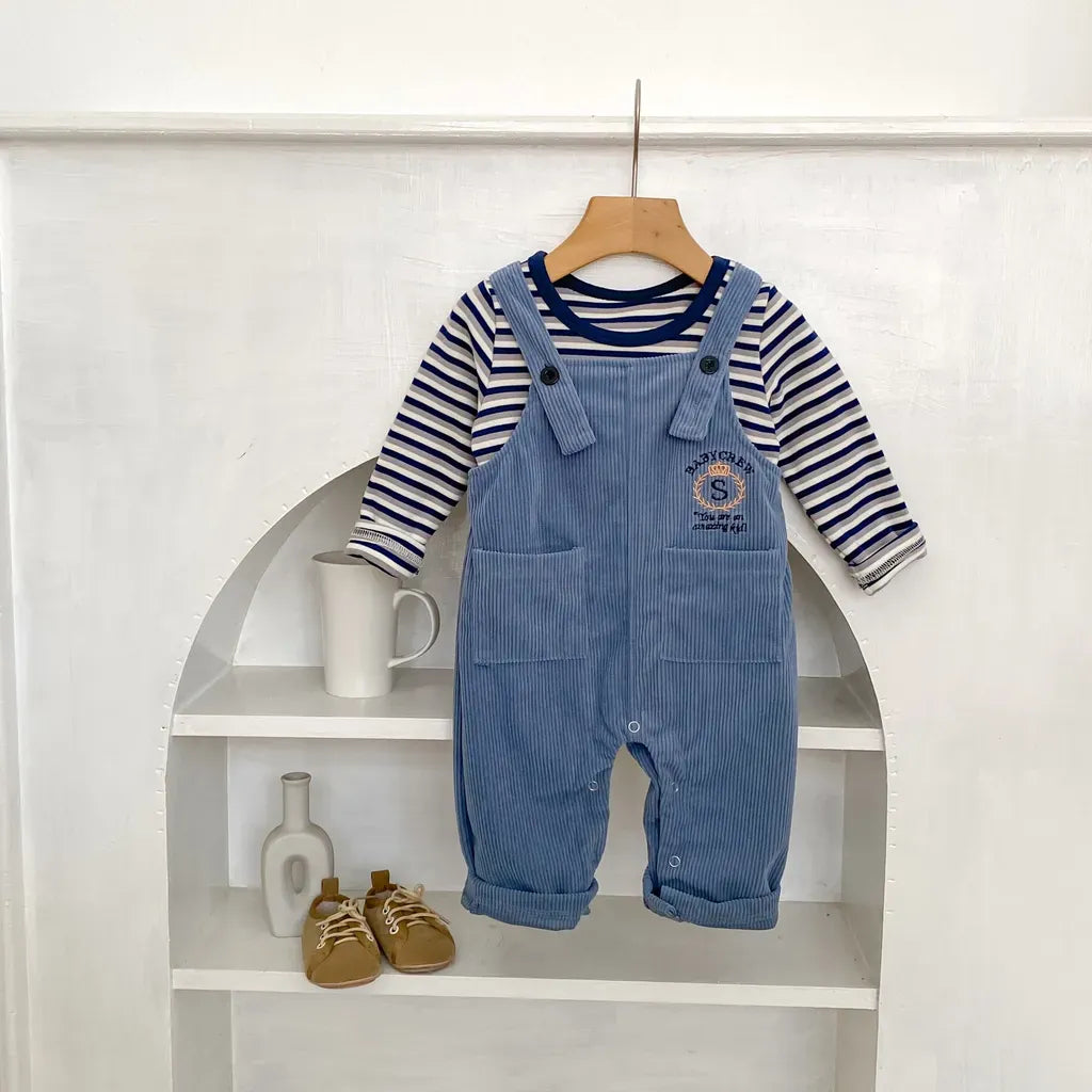 長袖セットアップ ボーダー長袖Tシャツ/コーデュロイサロペットパンツ【mh0011086】