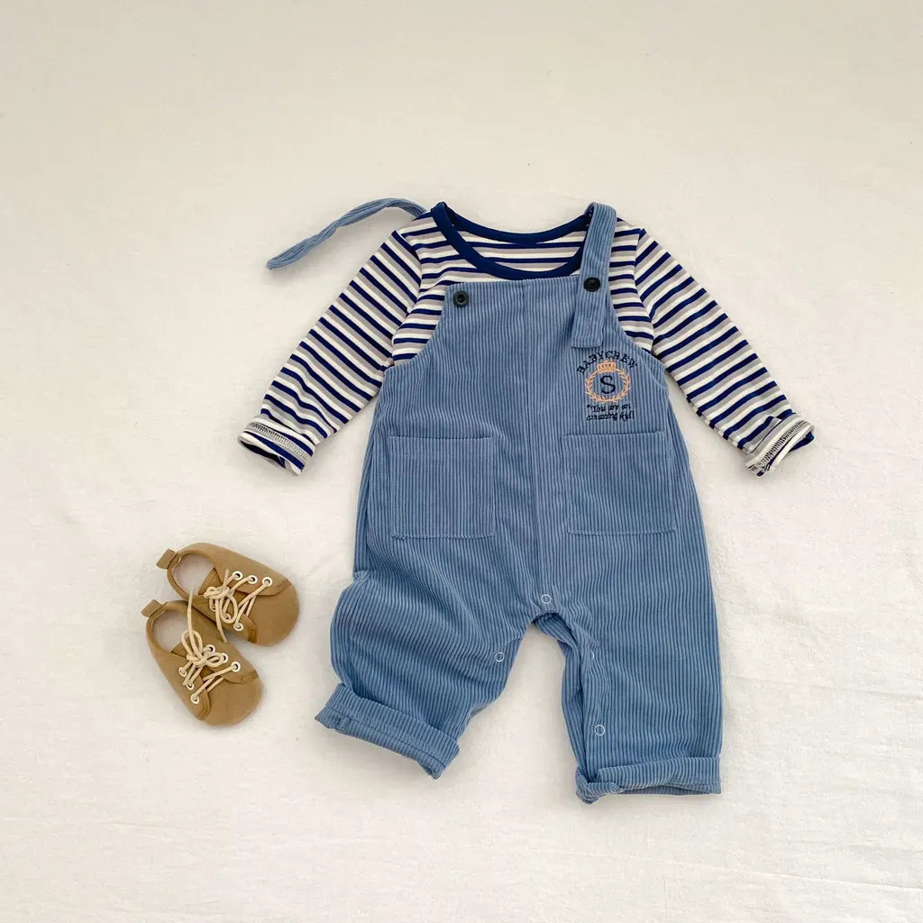 長袖セットアップ ボーダー長袖Tシャツ/コーデュロイサロペットパンツ【mh0011086】