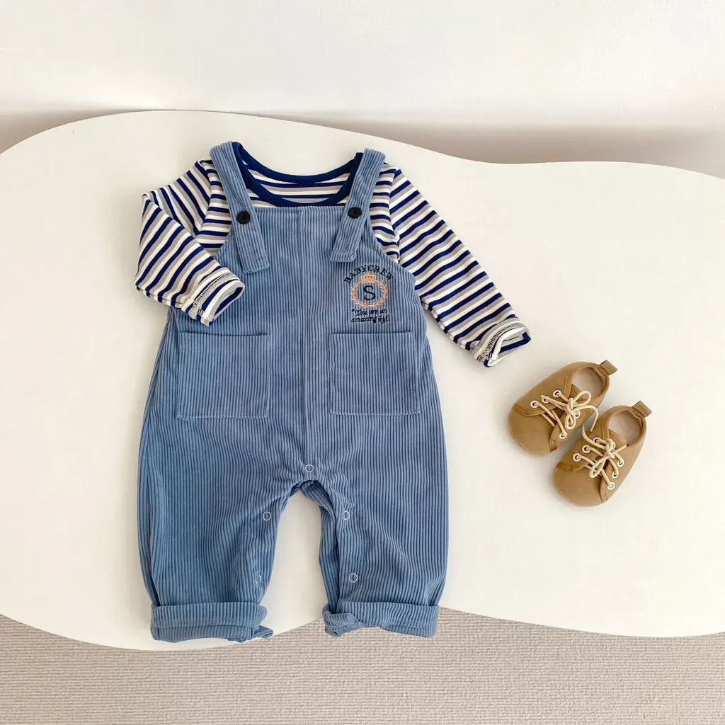 長袖セットアップ ボーダー長袖Tシャツ/コーデュロイサロペットパンツ【mh0011086】