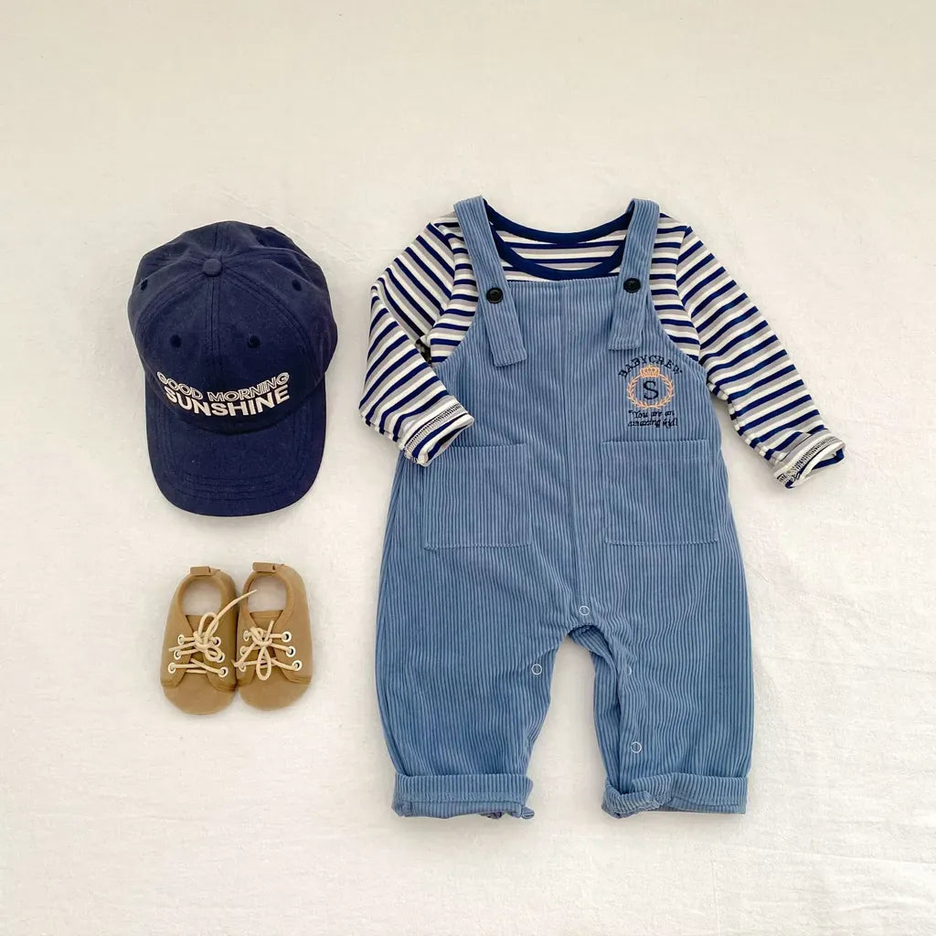 長袖セットアップ ボーダー長袖Tシャツ/コーデュロイサロペットパンツ【mh0011086】