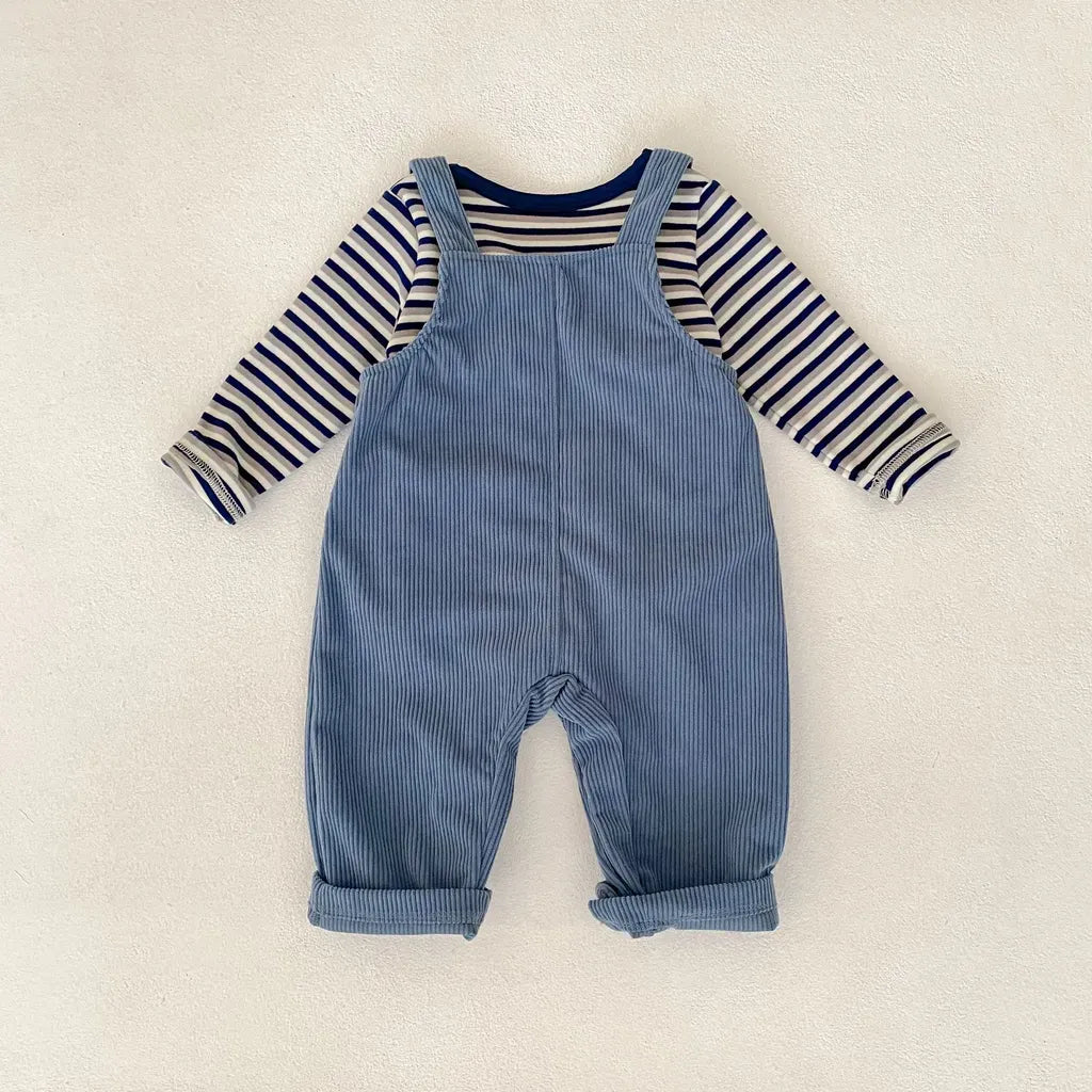 長袖セットアップ ボーダー長袖Tシャツ/コーデュロイサロペットパンツ【mh0011086】