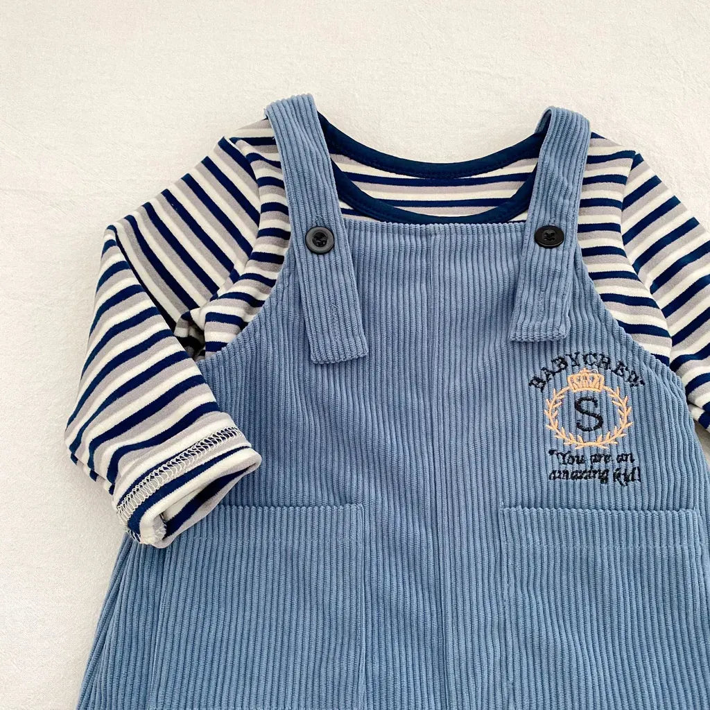 長袖セットアップ ボーダー長袖Tシャツ/コーデュロイサロペットパンツ【mh0011086】