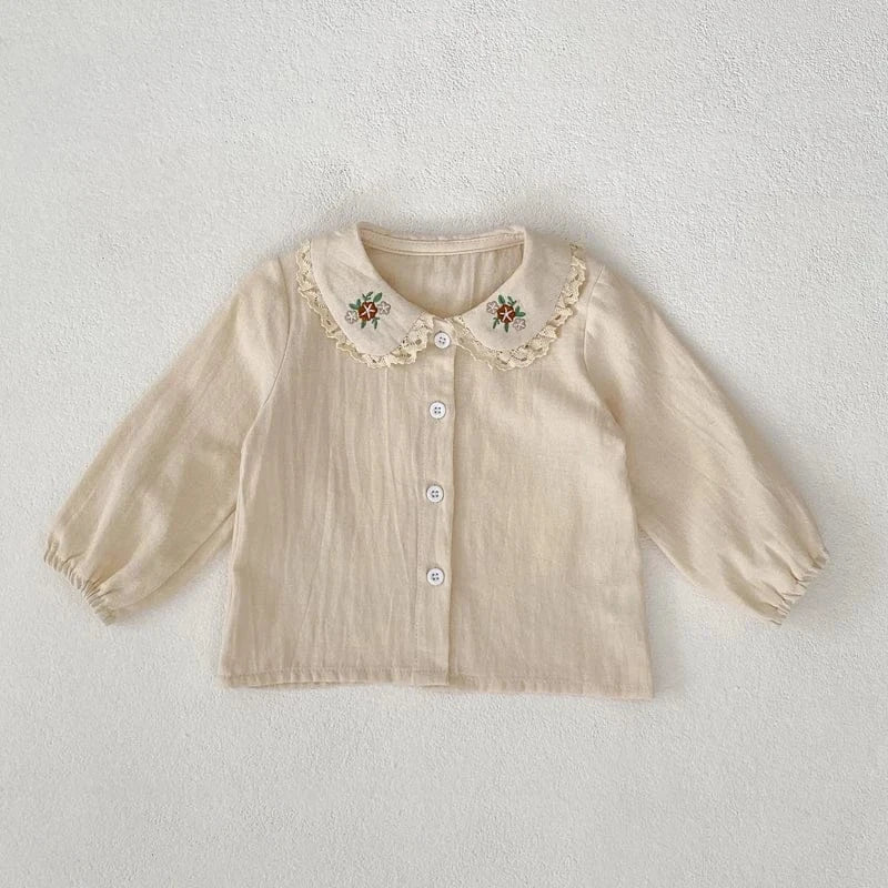 長袖セットアップ top / 6-9M 73cm ベビーキッズトップス/ワンピース フラワー刺繍襟長袖ブラウス/ノースリーブ前あき刺繍フラワーワンピース【mh0007020】