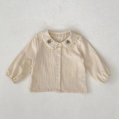 長袖セットアップ top / 6-9M 73cm ベビーキッズトップス/ワンピース フラワー刺繍襟長袖ブラウス/ノースリーブ前あき刺繍フラワーワンピース【mh0007020】