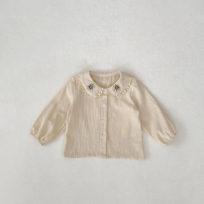 長袖セットアップ tops / 9M  73CM ベビーキッズトップス/ワンピース フラワー刺繍長袖ブラウス/ノースリーブ前あきワンピース【mh0008741】