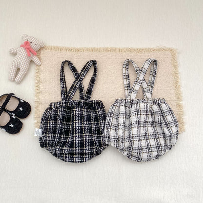 ツイード風サスペンダー付きロンパース2色セット（黒×白チェック）