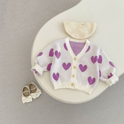 カーディガン・パーカー ハート柄ニットVネックカーディガン【mh0010843】