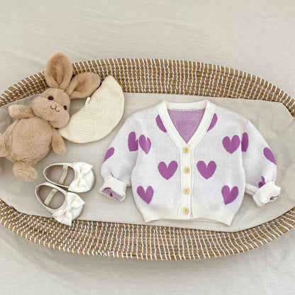 カーディガン・パーカー ハート柄ニットVネックカーディガン【mh0010843】