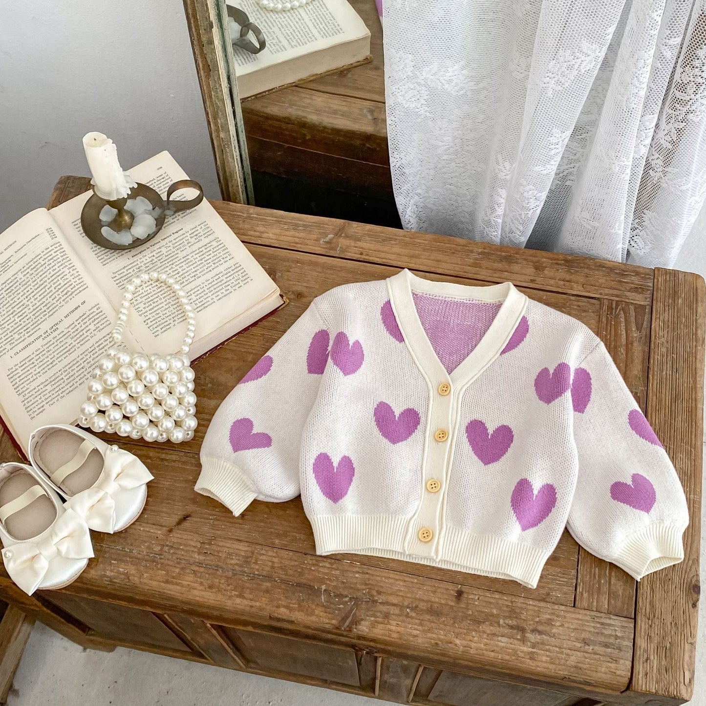 カーディガン・パーカー ハート柄ニットVネックカーディガン【mh0010843】