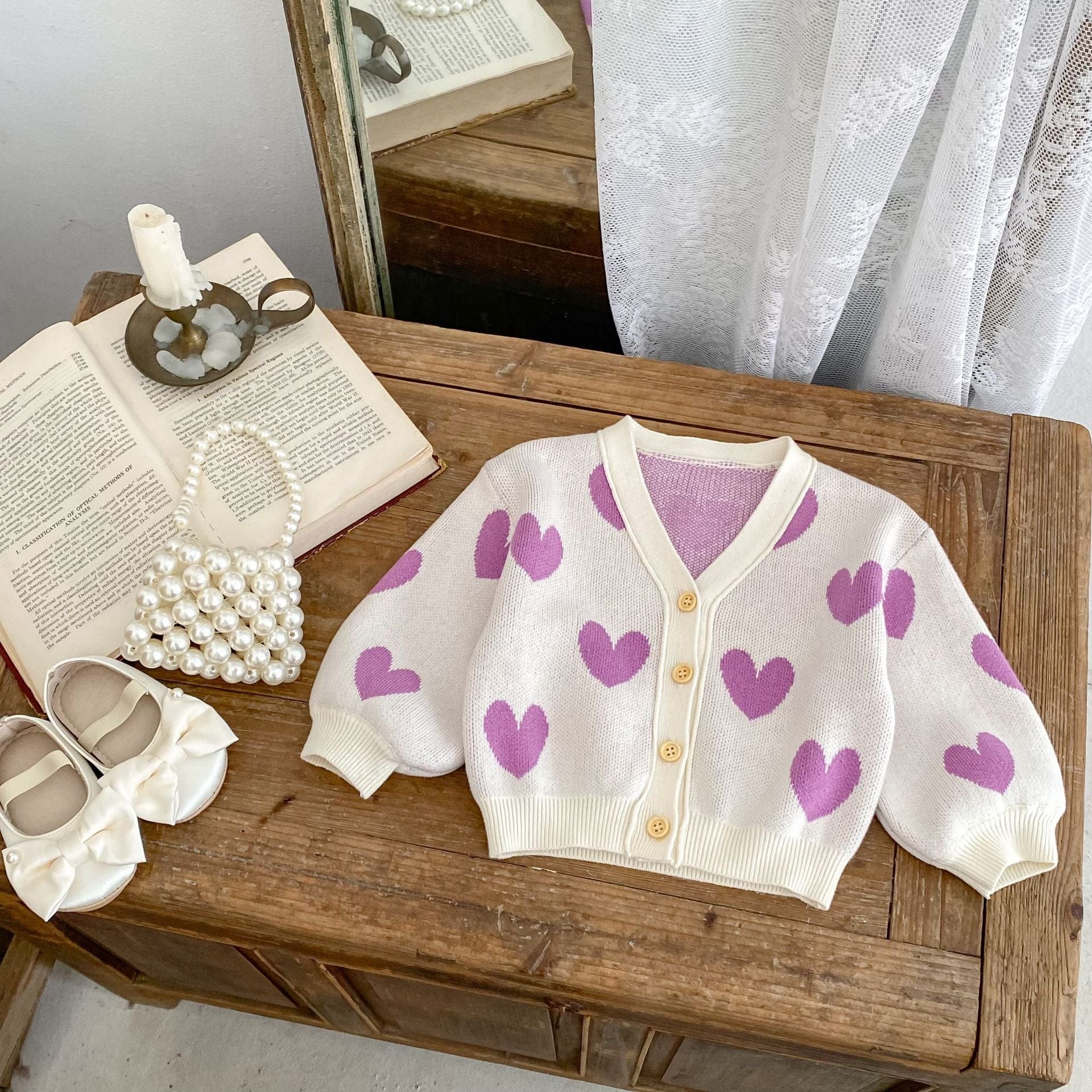 カーディガン・パーカー ハート柄ニットVネックカーディガン【mh0010843】