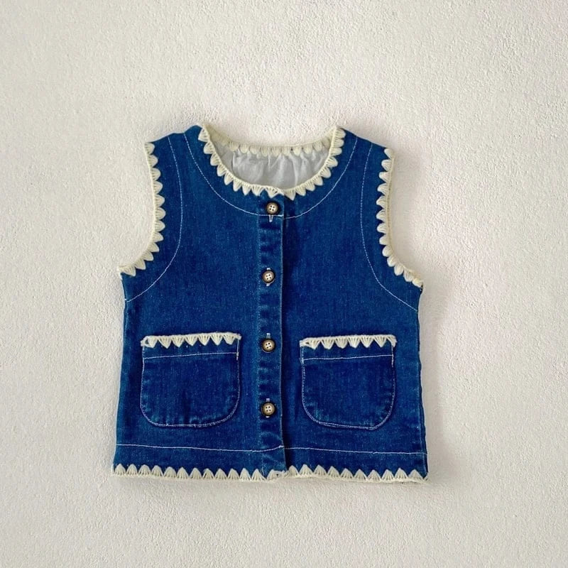 ノースリーブセットアップ vest / 6-9M 73cm ベビーキッズベスト/パンツ 縁取り前あきデニムベスト/デニムパンツジーンズ【mh0007034】