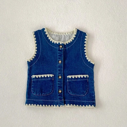 ノースリーブセットアップ vest / 6-9M 73cm ベビーキッズベスト/パンツ 縁取り前あきデニムベスト/デニムパンツジーンズ【mh0007034】