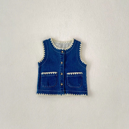 ノースリーブセットアップ vest / 9M  73CM キッズベスト/パンツ 刺繍ステッチバイピングデニムベスト/デニムフレアパンツ【mh-0008744】