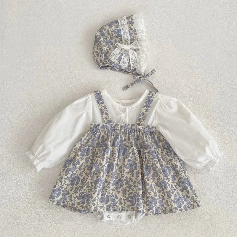 長袖ロンパース White / 3-6M 66cm ベビーロンパース ドッキングスカートフラワープリント長袖ボディスーツ+ボンネット帽子セット【mh0006994】