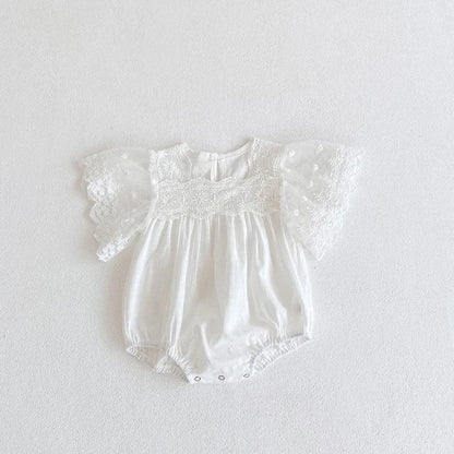 半袖ロンパース White / 66cm ベビーロンパース レースフリル袖 半袖ボディスーツ ベビードレス 2カラー【mh0004460】