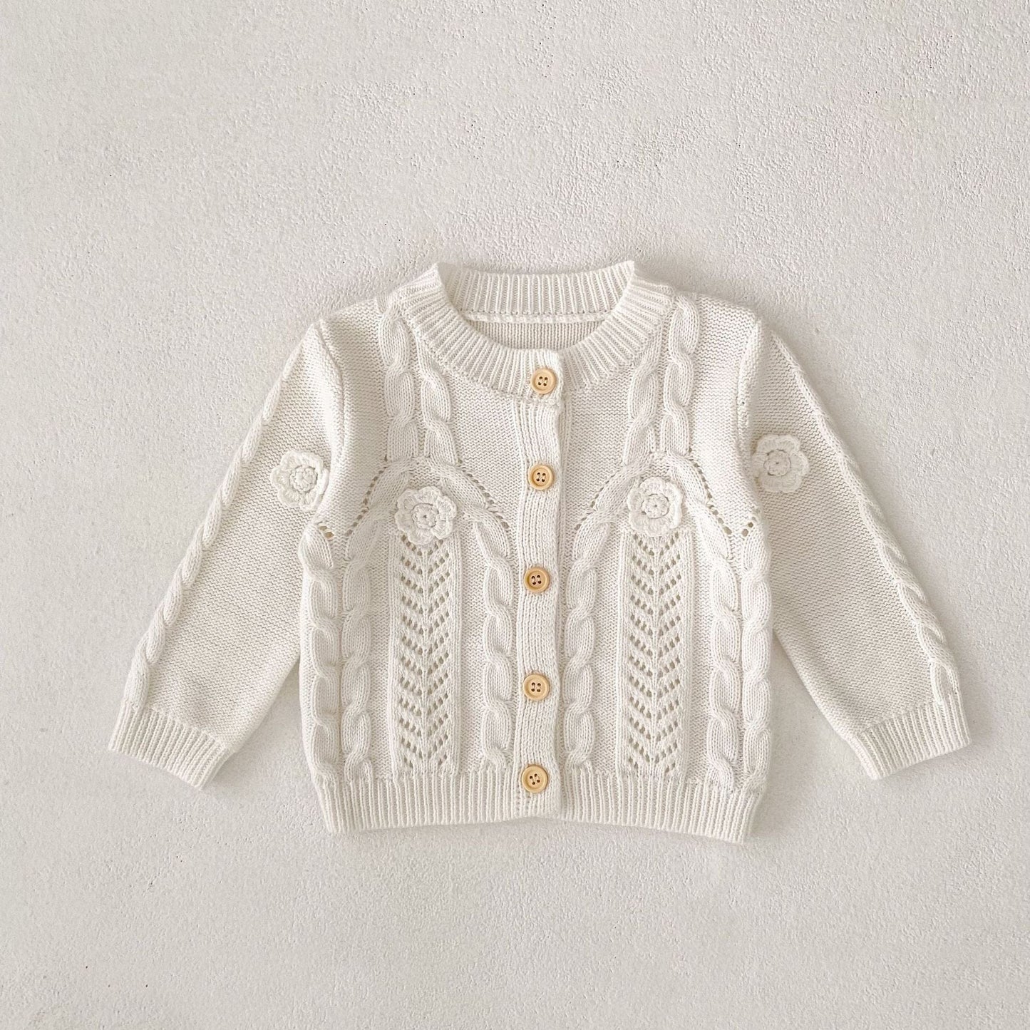 カーディガン・パーカー White / 66cm フラワー刺繍長袖ニットカーディガン【mh0010506】