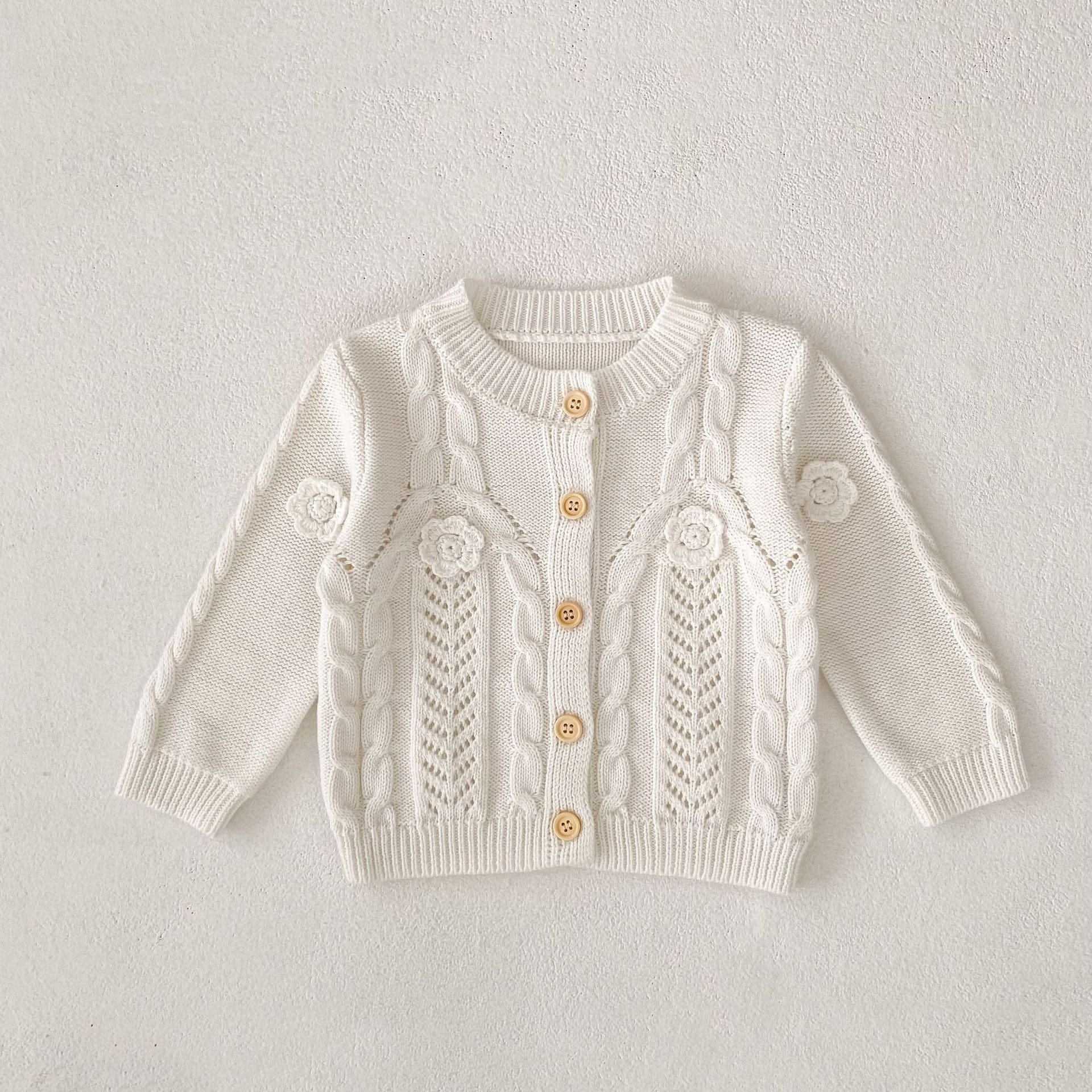 カーディガン・パーカー White / 66cm フラワー刺繍長袖ニットカーディガン【mh0010506】