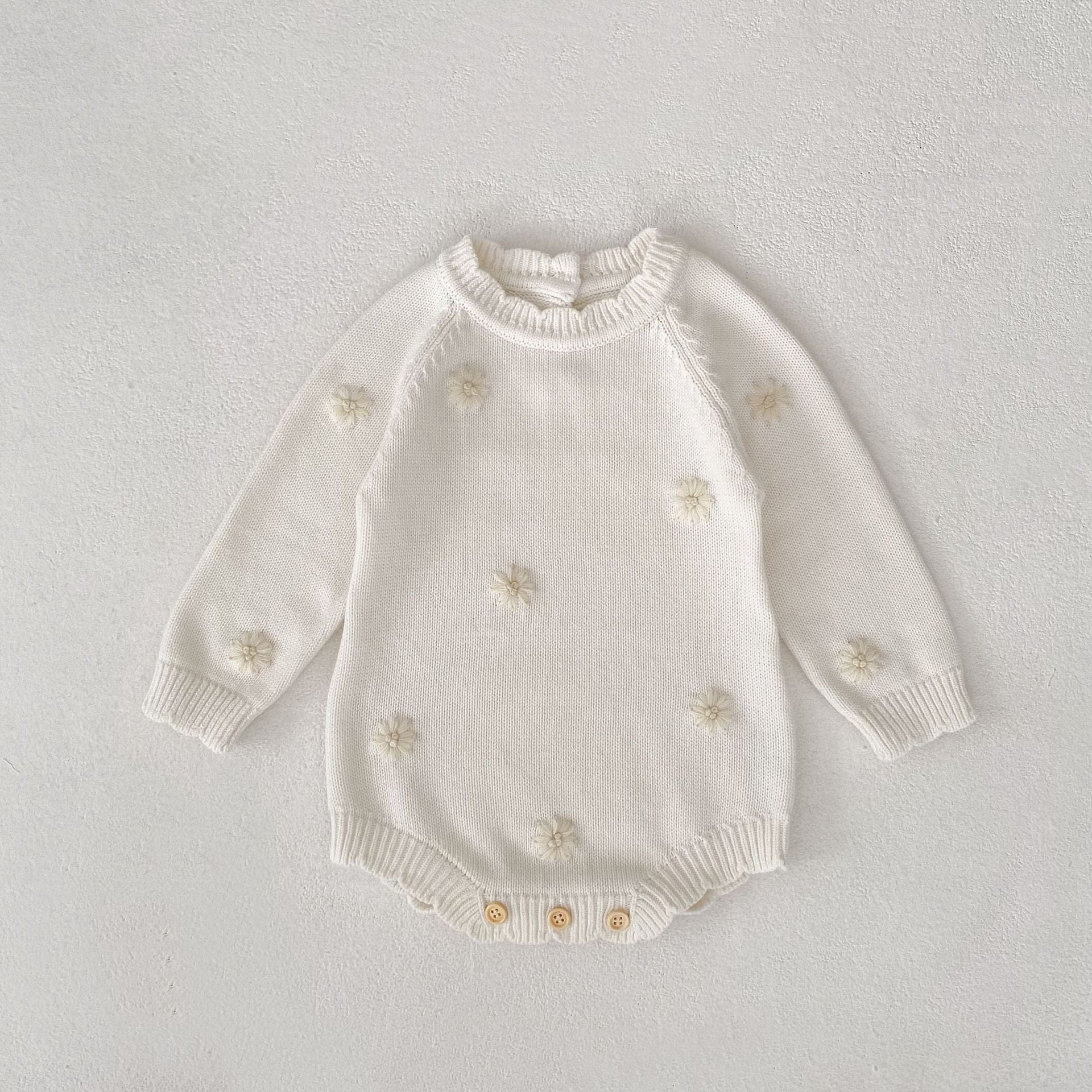 長袖ロンパース White / 66cm フラワー刺繍長袖ニットロンパース【mh0010516】