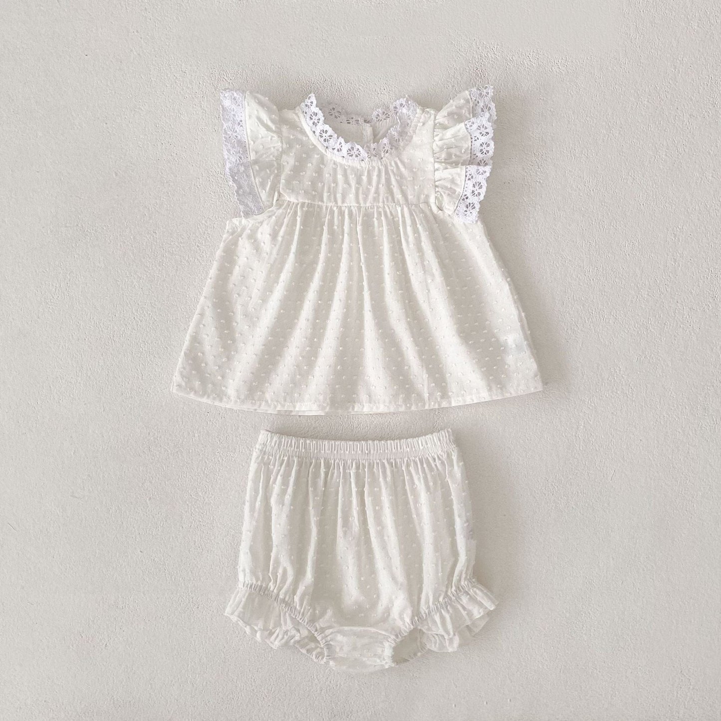 半袖セットアップ White / 73cm エンボスドットレースチュニックブラウス+ブルマパンツセットアップ 2点セット【mh0010153】