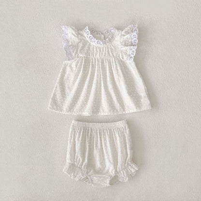 半袖セットアップ White / 73cm エンボスドットレースチュニックブラウス+ブルマパンツセットアップ 2点セット【mh0010153】