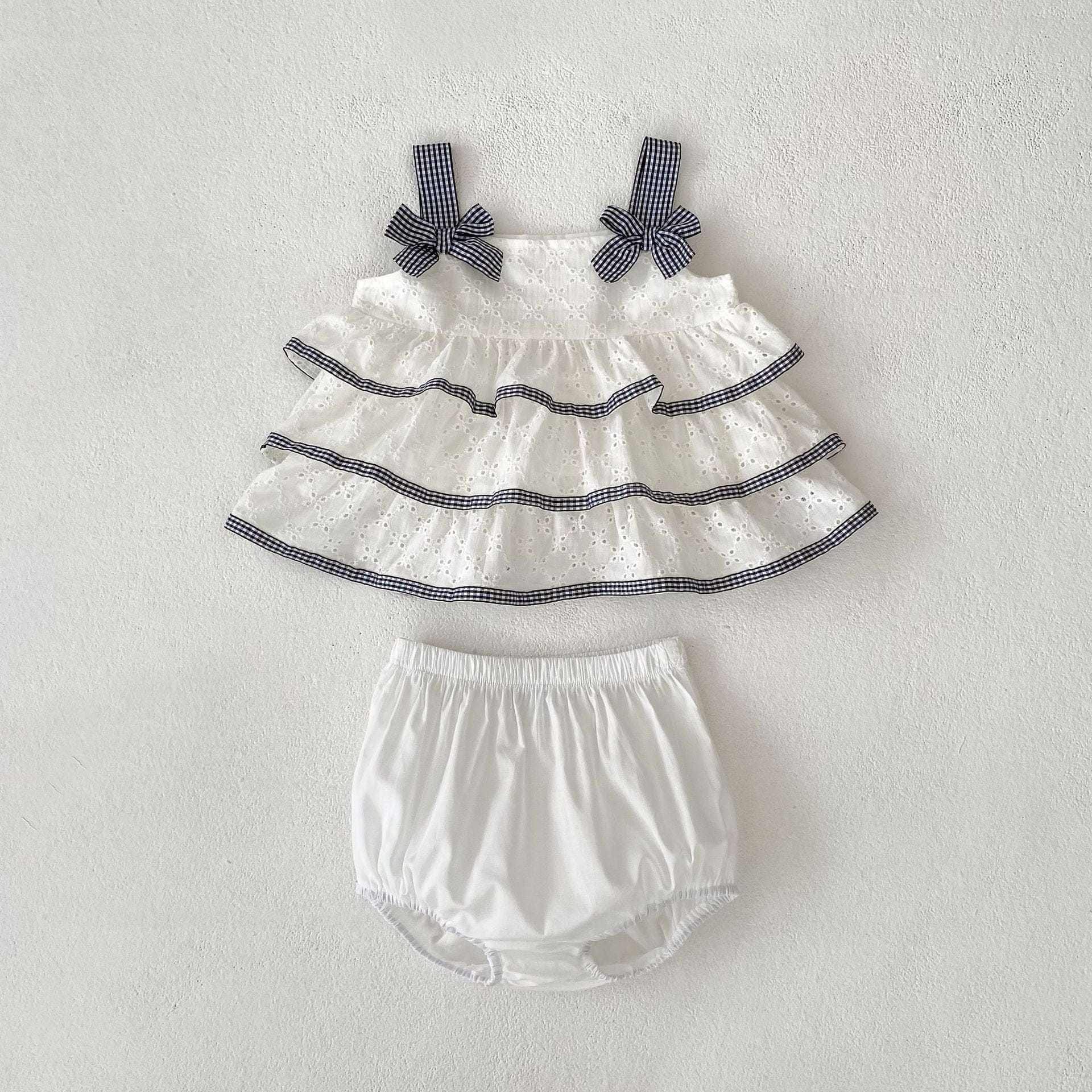 ノースリーブセットアップ White / 73cm チェックリボンティアードフリルチュニックブラウス+ブルマパンツセットアップ 2点セット【mh0010177】