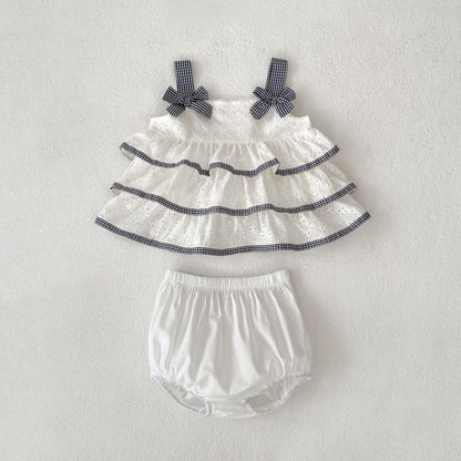 ノースリーブセットアップ White / 73cm チェックリボンティアードフリルチュニックブラウス+ブルマパンツセットアップ 2点セット【mh0010177】