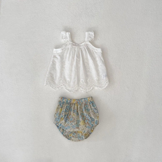 ノースリーブセットアップ White / 9M 73cm ベビーセットアップ 2点セット ノースリーブレースチュニックブラウス+フラワープリントブルマパンツ【mh0006518】