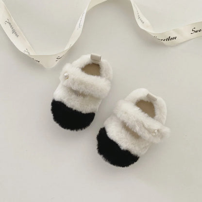 ベビー用靴 White / S Inner 11cm ベビーシューズ もこもこファーバイカラーストラップフラットシューズ ファーストシューズ室内ばき 靴【mh0007443】