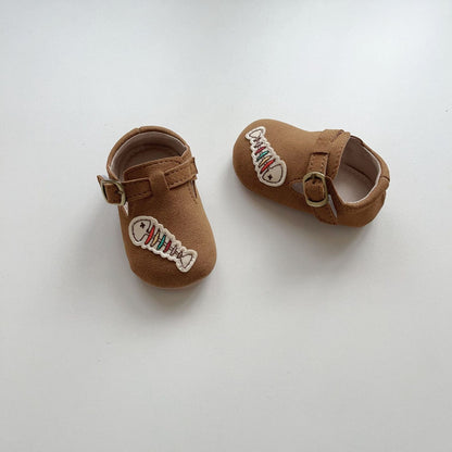 ベビー用靴 Yellow / S フィッシュボーン刺繍ストラップシューズ ソフトソールベビーシューズ【mh0011069】