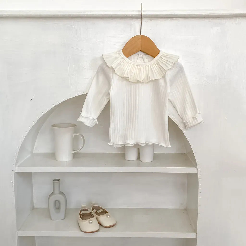 長袖Tシャツ フリル襟リブ編み長袖トップス【mh0011082】